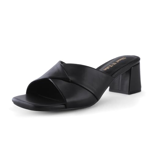 Shoe'N Tale Chunky Heels für Damen, quadratisch, offener Zehenbereich, niedriger Blockabsatz, bequeme Slip-On-Pantoletten, elegante Schuhe, Schwarz, 40.5 EU von Shoe'N Tale