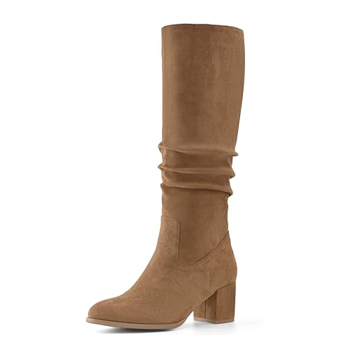 Shoe'N Tale Damen Kniehohe Stiefel Chunky Heel Pointed Toe Wildleder Slouch Winterschuhe mit seitlichem Reißverschluss, CAMEL, 37 EU von Shoe'N Tale