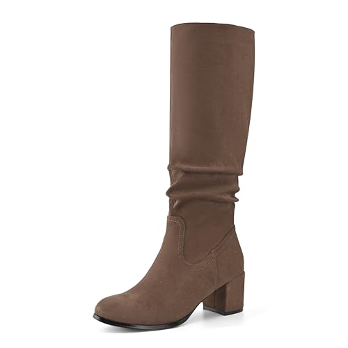 Shoe'N Tale Damen Kniehohe Stiefel Chunky Heel Pointed Toe Wildleder Slouch Winterschuhe mit seitlichem Reißverschluss, Taupe, 38.5 EU von Shoe'N Tale