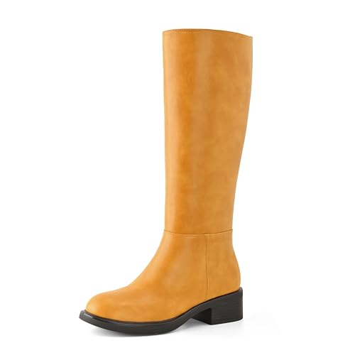 Shoe'N Tale Damen Kniehohe Stiefel Chunky Low Heel Round Toe Hohe Stiefel mit seitlichem Reißverschluss, Gelb (Banana), 37.5 EU von Shoe'N Tale