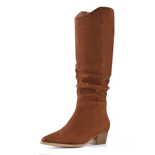 Shoe'N Tale Damen Kniehohe Stiefel Spitz Zehe Cowboy Weite Wade Slouchy Wildleder Stiefel Chunky Stacked Heel Stiefel mit seitlichem Reißverschluss, CAMEL, 38.5 EU von Shoe'N Tale