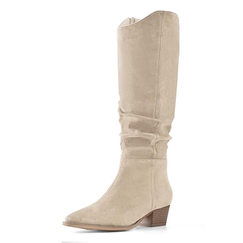 Shoe'N Tale Damen Kniehohe Stiefel Spitz Zehe Cowboy Weite Wade Slouchy Wildleder Stiefel Chunky Stacked Heel Stiefel mit seitlichem Reißverschluss, Khaki, 36 EU von Shoe'N Tale