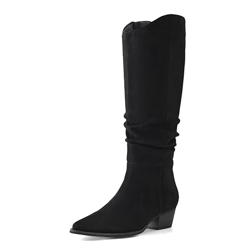 Shoe'N Tale Damen Kniehohe Stiefel Spitz Zehe Cowboy Weite Wade Slouchy Wildleder Stiefel Chunky Stacked Heel Stiefel mit seitlichem Reißverschluss, Schwarz, 37.5 EU von Shoe'N Tale
