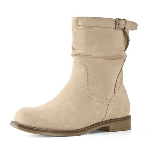 Shoe'N Tale Damen Mid Calf Boots Slouchy Round Toe Flacher niedriger Absatz Reitstiefel mit seitlichem Reißverschluss, Khaki Wildleder, 40 EU von Shoe'N Tale
