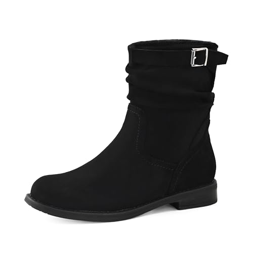 Shoe'N Tale Damen Mid Calf Boots Slouchy Round Toe Flacher niedriger Absatz Reitstiefel mit seitlichem Reißverschluss, Schwarzes Wildleder, 38.5 EU von Shoe'N Tale