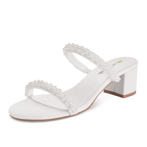 Shoe'N Tale Damen-Sandalen, Blockabsätze, zwei Riemen, offene runde Zehen, Kleid, Pumps, C-Perlweiß, 42 EU von Shoe'N Tale