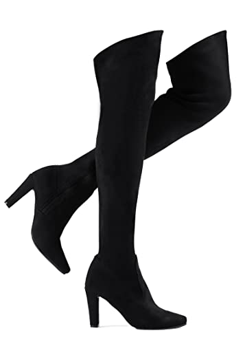 Shoe'N Tale Damen-Stiefel aus Stretch-Wildleder, klobiger Absatz, Oberschenkelhoch, Black-thick Calf, 38 EU von Shoe'N Tale