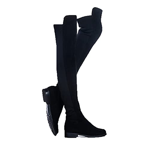 Shoe'N Tale Damen-Stiefel aus Wildlederimitat, klobiger Absatz, Stretch, Oberschenkelhohe Stiefel, Schwarz-flach, 38.5 EU von Shoe'N Tale