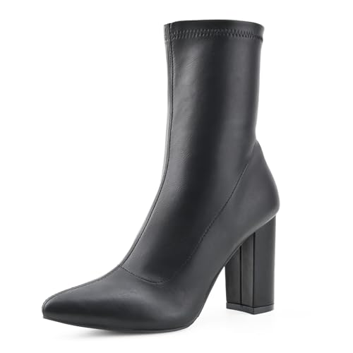 Shoe'N Tale Damen-Stiefeletten, spitzer Zehenbereich, klobiger hoher Absatz, zum Reinschlüpfen, dehnbare Booties, Schwarz (Black Pu), 41 EU von Shoe'N Tale