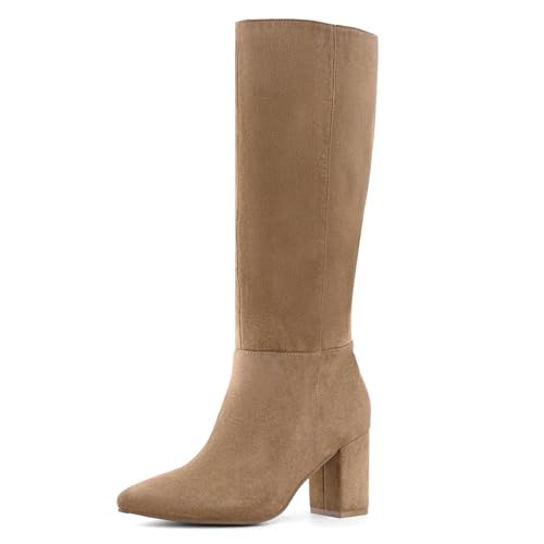 Shoe'N Tale Halbwadenhohe Stiefel für Damen, breite Wade, kniehohe Stiefel, klobiger Blockabsatz, Herbst, Winter, spitze Zehenpartie, CAMEL, 39.5 EU von Shoe'N Tale