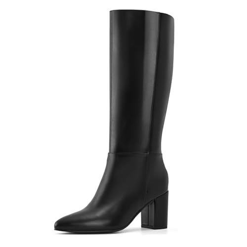 Shoe'N Tale Kniehohe Stiefel für Damen, Blockabsatz, Herbst, Winter, spitzer Zehenbereich, Schwarz (Black Pu), 39 EU von Shoe'N Tale