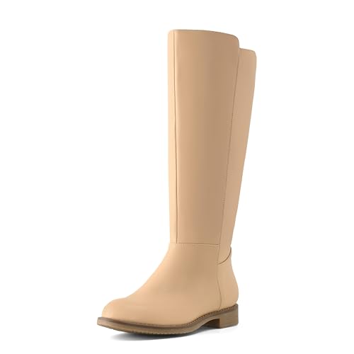 Shoe'N Tale Kniehohe Damen-Stiefel, flach, niedriger Absatz, dehnbar, runde Zehenpartie mit seitlichem Reißverschluss, Khaki PU, 39 EU von Shoe'N Tale
