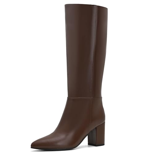 Shoe'N Tale Kniehohe Stiefel für Damen, breite Wade, klobiger Blockabsatz, Herbst, Winter, spitze Zehenstiefel, Braun PU, 41 EU Weit von Shoe'N Tale