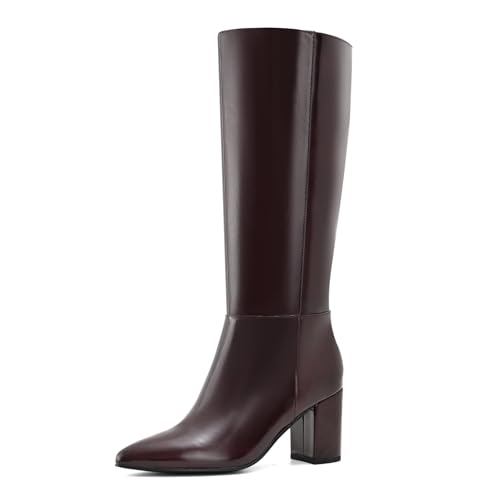 Shoe'N Tale Kniehohe Stiefel für Damen, Blockabsatz, Herbst, Winter, spitzer Zehenbereich, Burgunderrotes Kunstleder, 39.5 EU Weit von Shoe'N Tale
