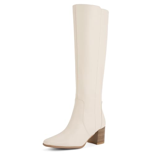 Shoe'N Tale Kniehohe Stiefel für Damen, quadratischer Zehenbereich, hohe Stiefel, mittelgroß, Blockabsatz, seitlicher Reißverschluss, Cremeweiß, 40 EU von Shoe'N Tale