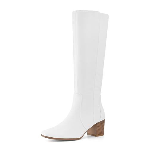 Shoe'N Tale Kniehohe Stiefel für Damen, quadratischer Zehenbereich, mittelhoher Blockabsatz, seitlicher Reißverschluss, Weißes Pu, 39.5 EU von Shoe'N Tale