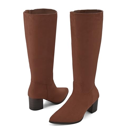 Shoe'N Tale Kniehohe Stiefel für Damen, spitzer Zehenbereich, hohe Stiefel, mittelhoch, gestapelt, klobiger Blockabsatz, seitlicher Reißverschluss, Braun, 39 EU Shoe'N Tale Kniehohe Stiefel für Damen, spitzer Zehenbereich, hohe Stiefel, mittelhoch, gestapelt, klobiger Blockabsatz, seitlicher Reißverschluss, Braun, 39 EU von Shoe'N Tale