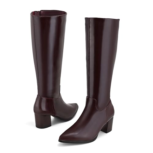 Shoe'N Tale Kniehohe Stiefel für Damen, spitzer Zehenbereich, hohe Stiefel, mittelhoch, gestapelt, klobiger Blockabsatz, seitlicher Reißverschluss, Burgunder, 38.5 EU von Shoe'N Tale