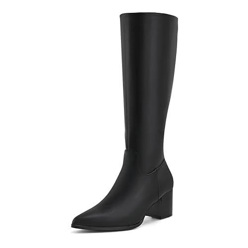 Shoe'N Tale Kniehohe Stiefel für Damen, spitzer Zehenbereich, hohe Stiefel, mittelhoch, gestapelt, klobiger Blockabsatz, seitlicher Reißverschluss, Schwarz (Black Pu), 36 EU von Shoe'N Tale