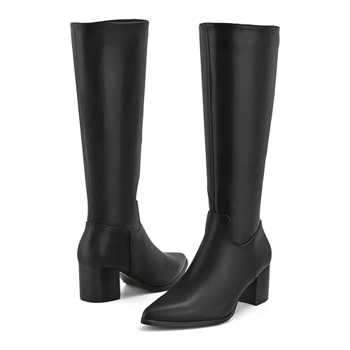 Shoe'N Tale Kniehohe Stiefel für Damen, spitzer Zehenbereich, hohe Stiefel, mittelhoch, gestapelt, klobiger Blockabsatz, seitlicher Reißverschluss, Schwarz (Black Pu), 38.5 EU von Shoe'N Tale