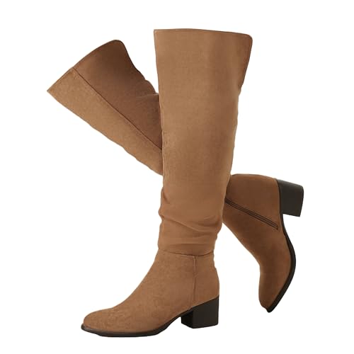 Shoe'N Tale Overknee-Stiefel für Damen, kniehoch, Blockabsatz, spitzer Zehenbereich, lässiger seitlicher Reißverschluss, Herbstwetter, Winterstiefel, Braun, 41 EU von Shoe'N Tale