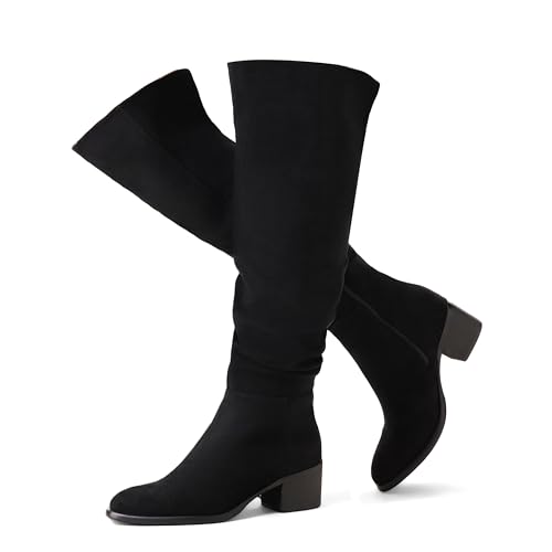 Shoe'N Tale Overknee-Stiefel für Damen, kniehoch, Blockabsatz, spitzer Zehenbereich, lässiger seitlicher Reißverschluss, Herbstwetter, Winterstiefel, Schwarz, 36 EU von Shoe'N Tale