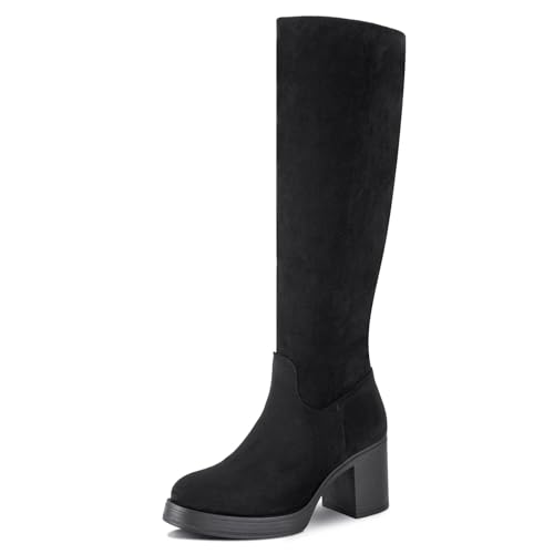 Shoe'N Tale Plateau-Stiefel für Damen, Blockabsatz, runder Zehenbereich, seitlicher Reißverschluss, hohe Stiefel, Schwarzes Wildleder, 40.5 EU von Shoe'N Tale