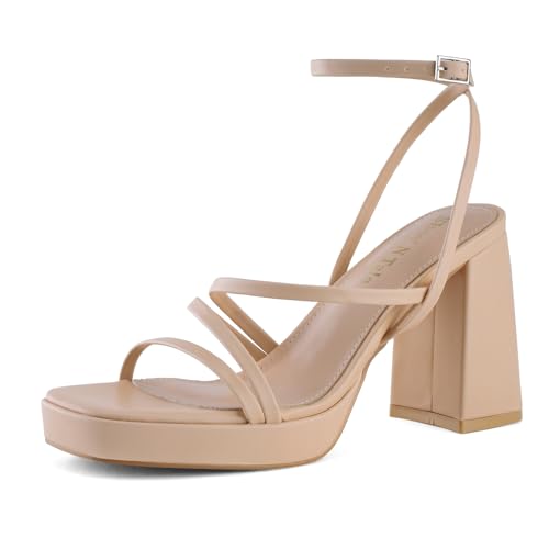 Shoe'N Tale Plateauabsätze für Damen, Riemchen, Blockabsatz, quadratische Zehenpartie, Knöchelschnalle, Sandalen, Hautfarben, 39 EU von Shoe'N Tale