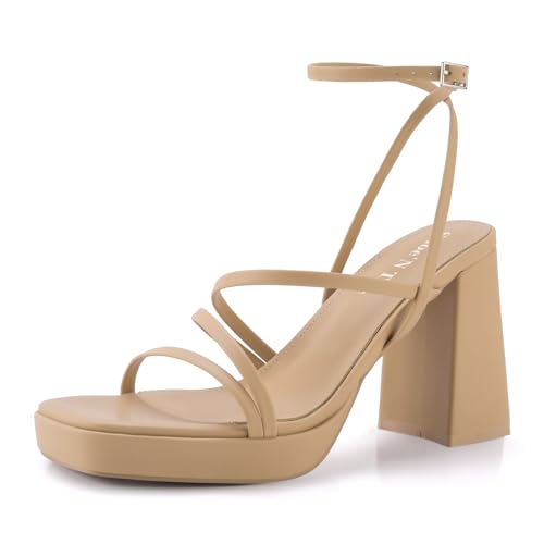 Shoe'N Tale Plateauabsätze für Damen, Riemchen, Blockabsatz, quadratische Zehenpartie, Knöchelschnalle, Sandalen, Hellbraun, 40 EU von Shoe'N Tale