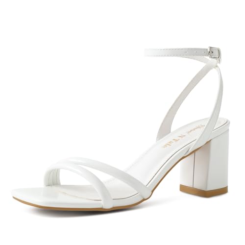 Shoe'N Tale Riemchensandalen für Damen, quadratische Zehenpartie, klobige Blockabsätze, Knöchelschnalle, Absatz, Sandalen, Lackweiß, 38.5 EU von Shoe'N Tale