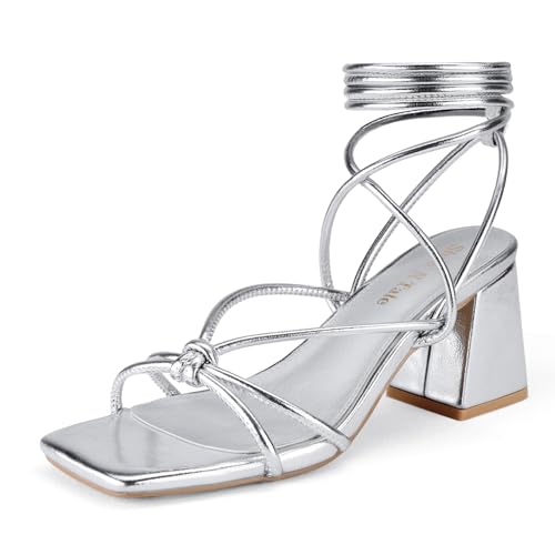 Shoe'N Tale Schnürschuhe für Damen, Knöchelriemen, Gladiator-Sandalen, hoher Absatz, Blockabsatz, quadratisch, offener Zehenbereich, überkreuzte Schuhe, A-Silber-Glitzer, 41 EU von Shoe'N Tale