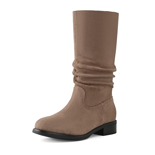 Shoe'N Tale Slouchy Mid Calf Flache Stiefel für Damen, zum Überziehen, runder Zehenbereich, seitlicher Reißverschluss, Herbst und Winter, modisch, bequeme Stiefel, Taupe, 37 EU von Shoe'N Tale