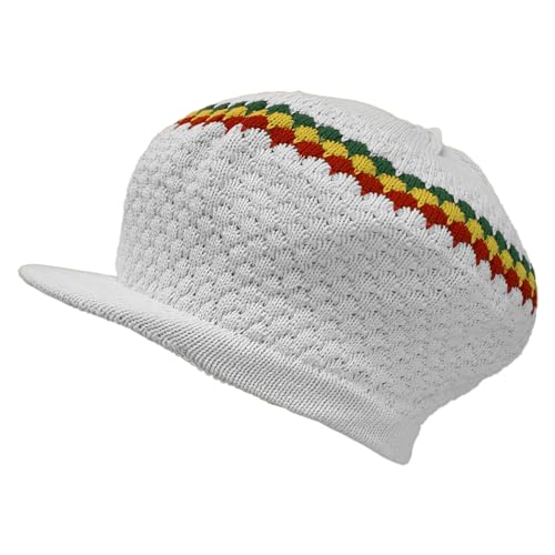 Shoe String King SSK Rasta Knit Tam Hat Dreadlock Cap Mehrere Designs und Größen, Groß, rund, weiß/rot/gelb/grün, mit Krempe, Einheitsgröße von Shoe String King