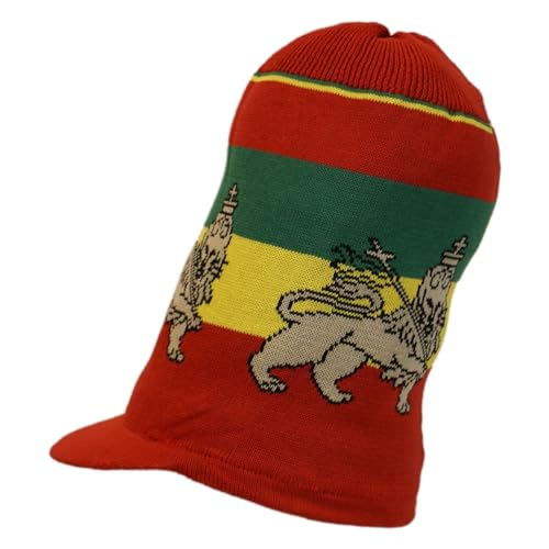 Shoe String King SSK Rasta Knit Tam Hat Dreadlock Cap Mehrere Designs und Größen, Mittellanger Löwe von Juda, Rot mit Krempe, 4XL von Shoe String King