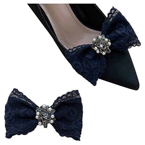 1 Paar elegante Schleife Schuhclips Spitze Schuhe Verzierung Abnehmbare Schuhzubehör Perle Strass Schuhschnalle für Pumps Marineblau, One Size, Textil, Kein Edelstein von Shoeklips