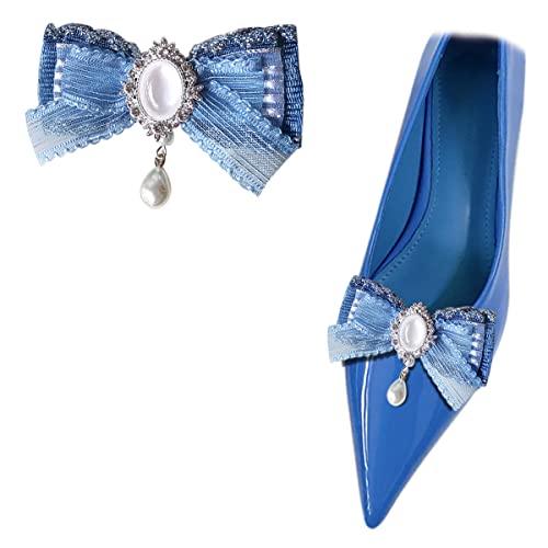 2 Stück blaue Schleife Schuhclips Perle Anhänger Spitze Schuh Zubehör Abnehmbare Damen Schuh Dekoration für Lolita Schuh Pumps Flache, One Size, Perle, Ohne Edelstein. von Shoeklips