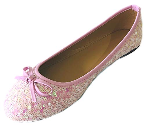 Shoes8teen Damen Pailletten, glitzernd, runde Zehenpartie, Ballerinas mit Schleife, 2001 Rosa Pailletten, 43 EU von Shoes8teen