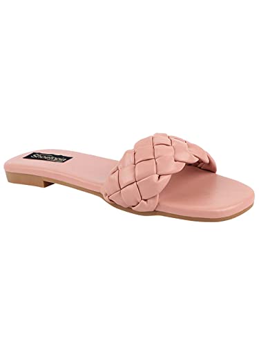 Shoetopai Damen Sandalen geflochten flach Slip On Bequeme Offene Zehen Casual Slides für Sommer Strand, Pfirsich, 8 UK von Shoetopia
