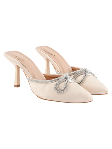 Shoetopia Damen Elegant Elfenbein Satin Mule Heels mit Kristallschleife - Spitze Zehen Slip On Kleid Strass für Party oder Abendveranstaltungen, Goldfarben, 5 UK von Shoetopia