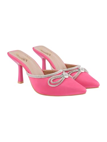 Shoetopia Damen Elegant Elfenbein Satin Mule Heels mit Kristallschleife - Spitze Zehen Slip On Kleid Strass für Party oder Abendveranstaltungen, Pink, 7 UK von Shoetopia