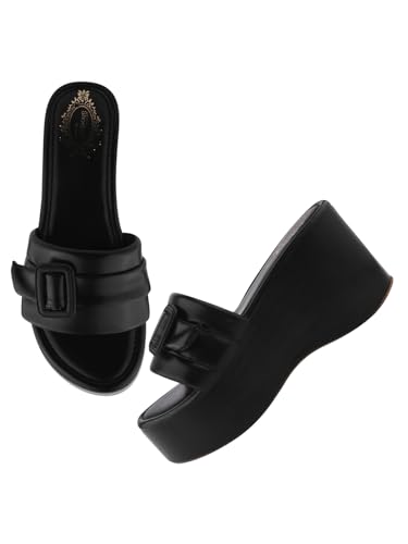 Shoetopia Damen Plateau Slip-On Sandalen - Chunky Wedge Slides mit Schnallenriemen Stilvoll Bequem Langlebig - Perfekt für Freizeit & Party, Schwarz, 8 UK von Shoetopia