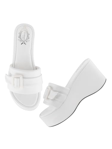 Shoetopia Damen Plateau Slip-On Sandalen - Chunky Wedge Slides mit Schnallenriemen Stilvoll Bequem Langlebig - Perfekt für Freizeit & Party, Weiß, 5 UK von Shoetopia