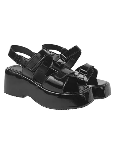 Shoetopia Plateau-Sandalen für Damen, klobige Klettverschluss-Keile, bequem, offen, lässig, Streetwear, Reisen und Alltag, Schwarz, 8 UK von Shoetopia