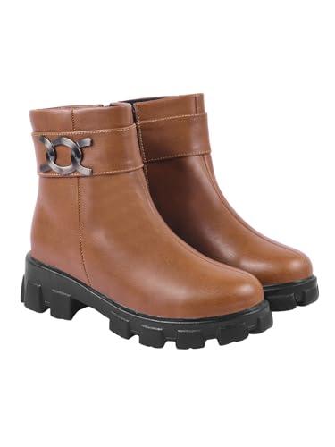 Shoetopia Damen Stiefeletten Chelsea Boots mit klobiger Stollensohle und dekorativer Seitenschnalle || Stilvolle Kunstleder-Stiefeletten mit Reißverschluss, Hellbraun, 7 UK von Shoetopia