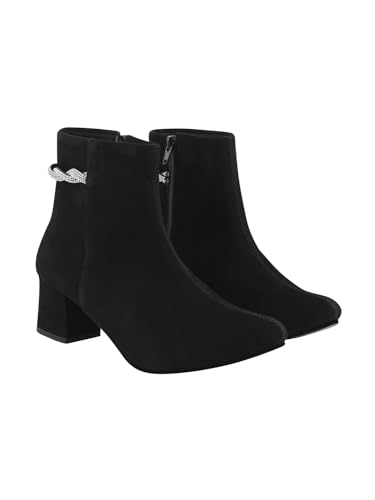 Shoetopia Damen-Stiefeletten aus Wildleder mit Blockabsatz und Strass-Knoten-Detail, seitlicher Reißverschluss, modische Booties für Herbst und Winter, Schwarz, 8 UK von Shoetopia