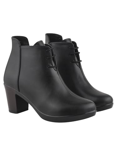 Shoetopia Damen Stiefeletten aus schwarzem Leder mit Blockabsatz und Schnürverschluss, stilvolle mittelhohe Stiefel für Büro und Freizeit, Schwarz, 5 UK von Shoetopia