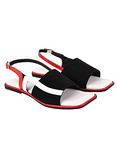 Shoetopia Flache Sandalen für Damen und Mädchen mit quadratischem Zehenbereich, Schwarz, 7 UK von Shoetopia