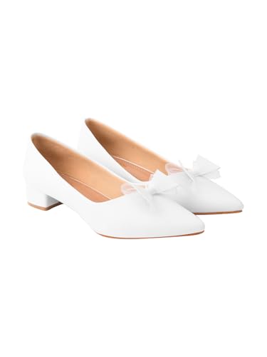 Shoetopia Damen-Ballerinas mit spitzem Zehenbereich, elegante Schlupfsandalen mit Schleifendetail, bequeme Büro-, Party- und Freizeitschuhe, Weiß, 3 UK von Shoetopia