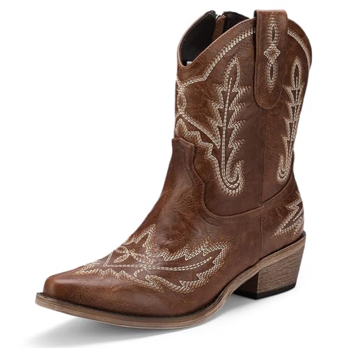 Damen Western Cowboy Booties Mode Schwarz Cowgirl Stiefel mit niedrigem Blockabsatz Stickerei Kurze Stiefeletten Walking Boots für Country Konzert Disco Outfits, Braun, 40.5 EU Damen Western Cowboy Booties Mode Schwarz Cowgirl Stiefel mit niedrigem Blockabsatz Stickerei Kurze Stiefeletten Walking Boots für Country Konzert Disco Outfits, Braun, 40.5 EU von Shofrindy