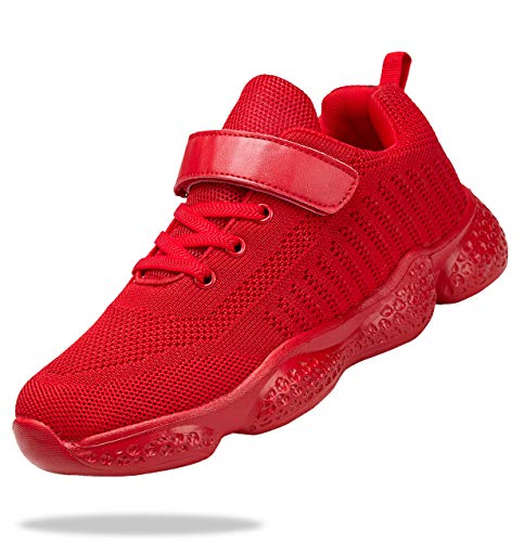 Shoful Sneaker Mädchen Hallenschuhe Kinder Turnschuhe Laufschuhe Jungen Sportschuhe Atmungsaktiv Schule Schuhe Fitnessschuhe Klettverschluss Kinderschuhe für Unisex-Kinder Ganz Rot 28 EU von Shoful